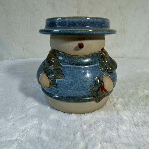 Kohl's Snowman Holiday Pillar Candle Holder Blue Hat Clothes Ceramic - Picture 1 of 6